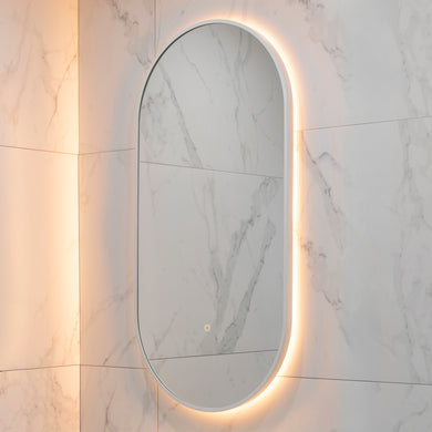 Pill Oval 500mm x 1000mm Backlit LED Framed Mirror with Demister, Matte White Frame