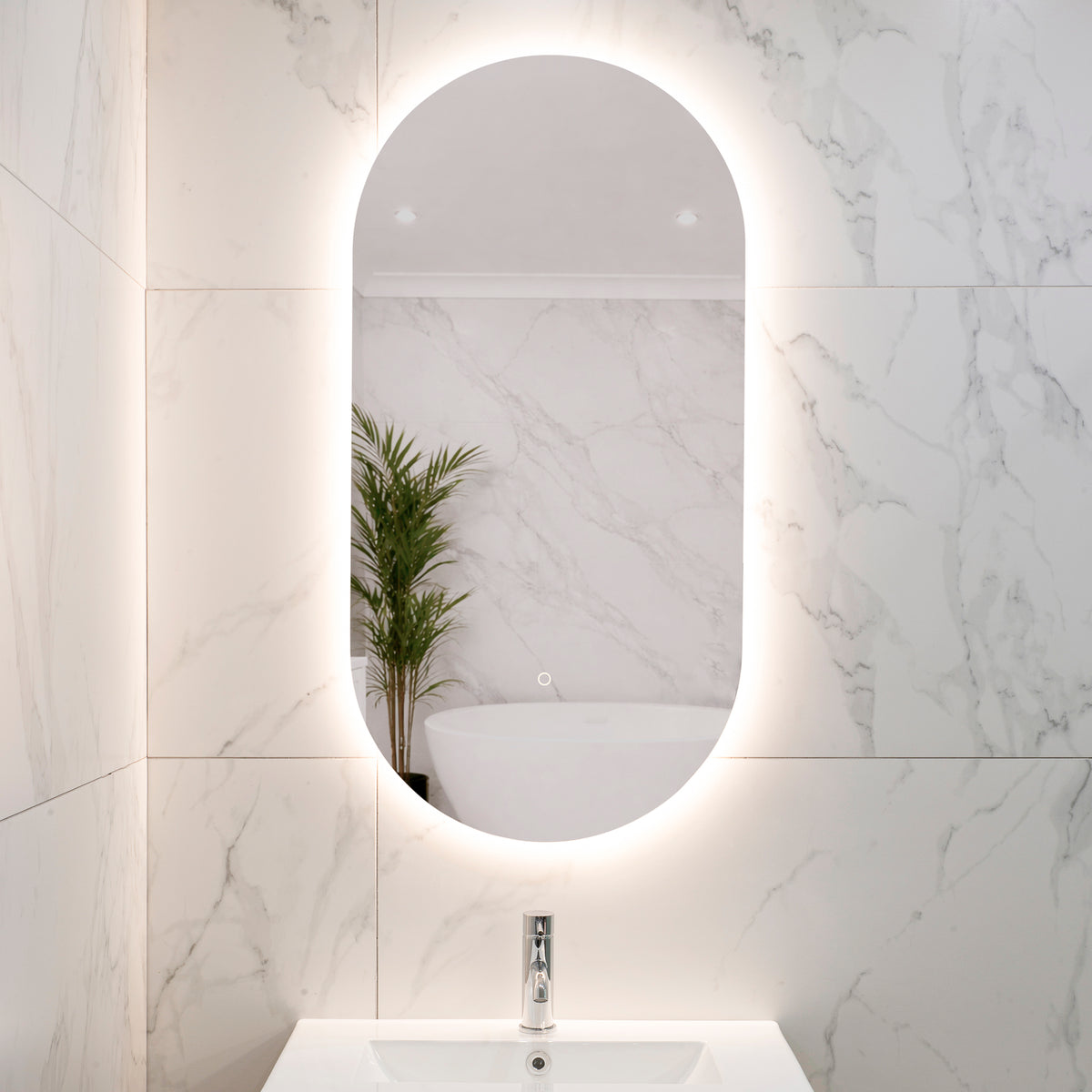 Pill Oval 500mm x 1000mm Backlit LED Frameless Mirror with Polished Edge and Demister