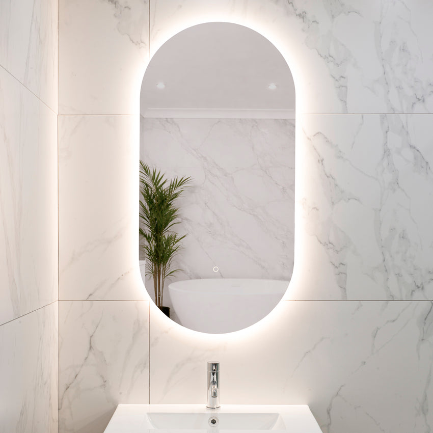 Pill Oval 500mm x 1000mm Backlit LED Frameless Mirror with Polished Edge and Demister