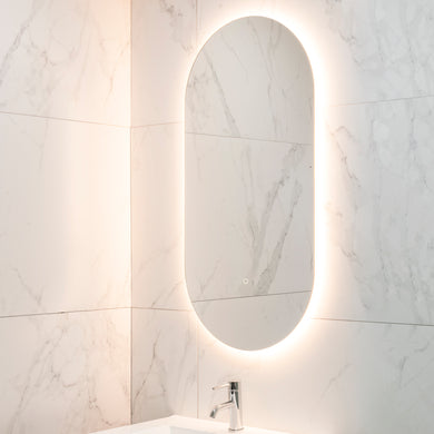 Pill Oval 500mm x 1000mm Backlit LED Frameless Mirror with Polished Edge and Demister