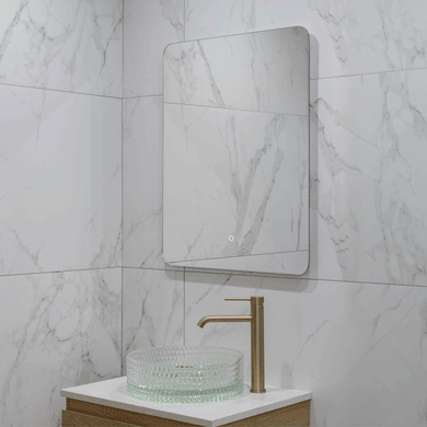 Retti Rectangular 600mm x 750mm Backlit LED Frameless Mirror with Polished Edge, Rounded Corners and Demister
