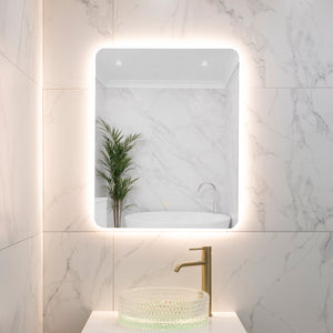Retti Rectangular 600mm x 750mm Backlit LED Frameless Mirror with Polished Edge, Rounded Corners and Demister