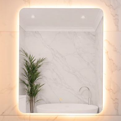 Retti Rectangular 600mm x 750mm Backlit LED Frameless Mirror with Polished Edge, Rounded Corners and Demister