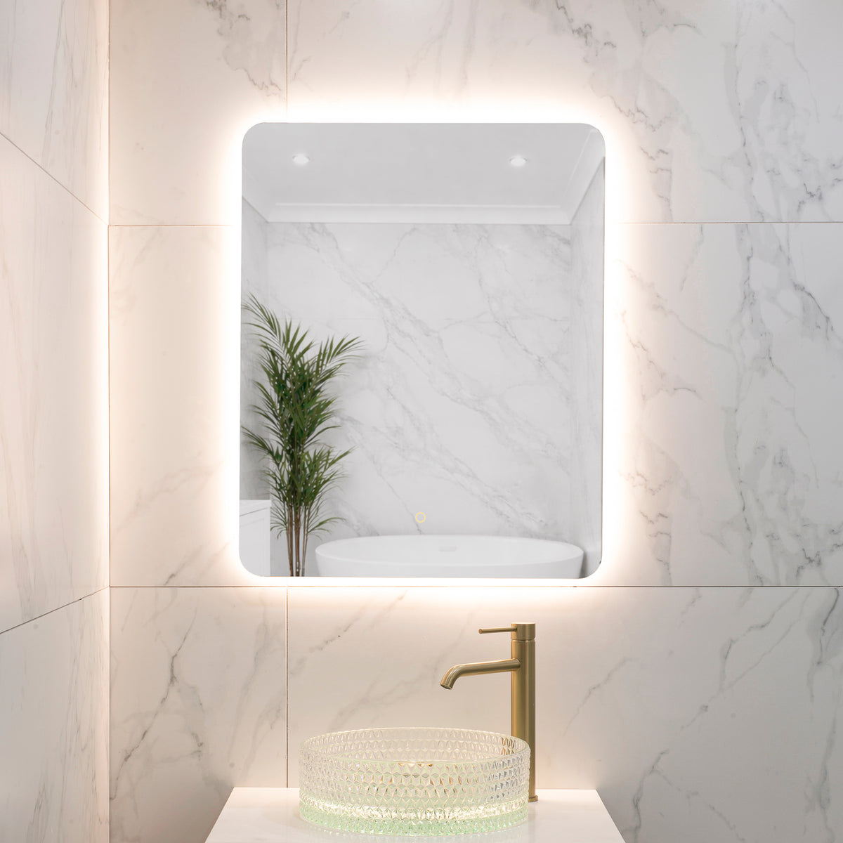 Retti Rectangular 600mm x 750mm Backlit LED Frameless Mirror with Polished Edge, Rounded Corners and Demister