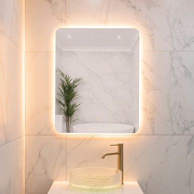 Retti Rectangular 600mm x 750mm Backlit LED Frameless Mirror with Polished Edge, Rounded Corners and Demister