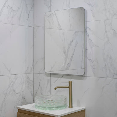 Retti Rectangular 600mm x 750mm Backlit LED Frameless Mirror with Polished Edge, Rounded Corners and Demister