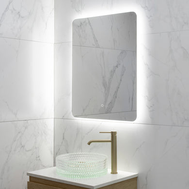 Retti Rectangular 600mm x 750mm Backlit LED Frameless Mirror with Polished Edge, Rounded Corners and Demister