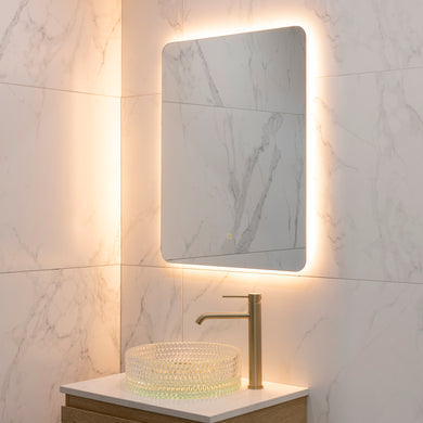 Retti Rectangular 600mm x 750mm Backlit LED Frameless Mirror with Polished Edge, Rounded Corners and Demister