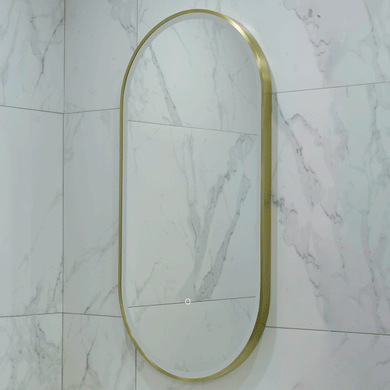 Pill Oval 500mm x 1000mm Frontlit LED Framed Mirror with Demister, Brushed Brass (Gold) Frame
