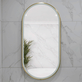 Pill Oval 500mm x 1000mm Frontlit LED Framed Mirror with Demister, Brushed Brass (Gold) Frame