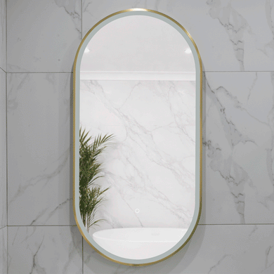 Pill Oval 500mm x 1000mm Frontlit LED Framed Mirror with Demister, Brushed Brass (Gold) Frame