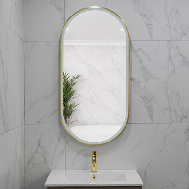 Pill Oval 500mm x 1000mm Frontlit LED Framed Mirror with Demister, Brushed Brass (Gold) Frame