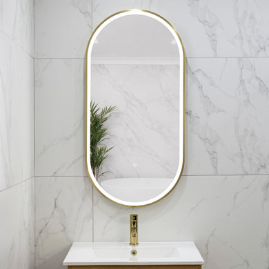 Pill Oval 500mm x 1000mm Frontlit LED Framed Mirror with Demister, Brushed Brass (Gold) Frame