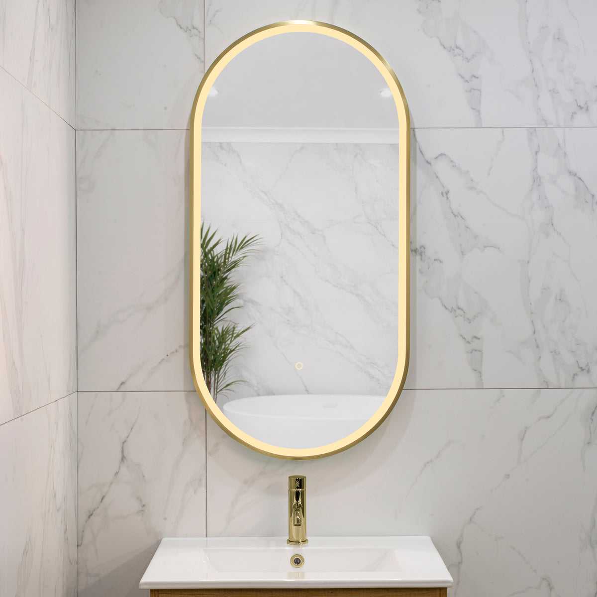 Pill Oval 500mm x 1000mm Frontlit LED Framed Mirror with Demister, Brushed Brass (Gold) Frame