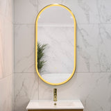 Pill Oval 500mm x 1000mm Frontlit LED Framed Mirror with Demister, Brushed Brass (Gold) Frame