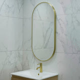 Pill Oval 500mm x 1000mm Frontlit LED Framed Mirror with Demister, Brushed Brass (Gold) Frame