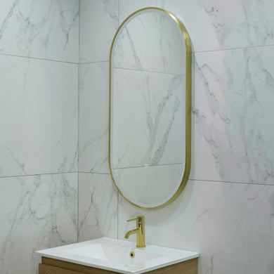 Pill Oval 500mm x 1000mm Frontlit LED Framed Mirror with Demister, Brushed Brass (Gold) Frame