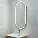 Pill Oval 500mm x 1000mm Frontlit LED Framed Mirror with Demister, Brushed Brass (Gold) Frame