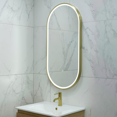 Pill Oval 500mm x 1000mm Frontlit LED Framed Mirror with Demister, Brushed Brass (Gold) Frame