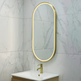 Pill Oval 500mm x 1000mm Frontlit LED Framed Mirror with Demister, Brushed Brass (Gold) Frame
