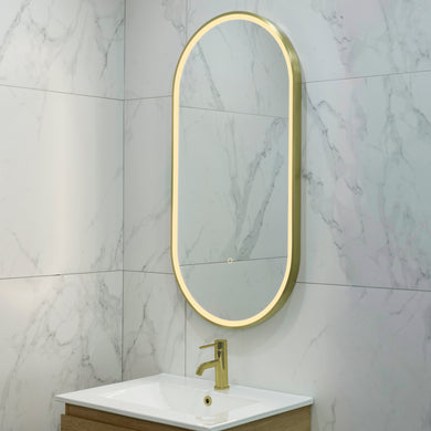 Pill Oval 500mm x 1000mm Frontlit LED Framed Mirror with Demister, Brushed Brass (Gold) Frame