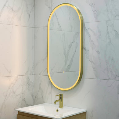 Pill Oval 500mm x 1000mm Frontlit LED Framed Mirror with Demister, Brushed Brass (Gold) Frame