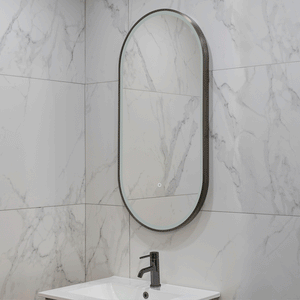Pill Oval 500mm x 1000mm Frontlit LED Framed Mirror with Demister, Brushed Gunmetal Frame