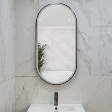 Pill Oval 500mm x 1000mm Frontlit LED Framed Mirror with Demister, Brushed Gunmetal Frame