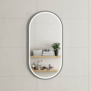 Pill Oval 500mm x 1000mm Frontlit LED Framed Mirror with Demister, Brushed Gunmetal Frame