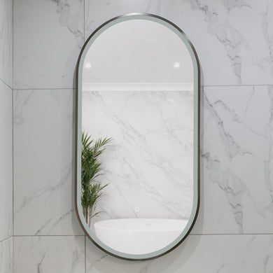 Pill Oval 500mm x 1000mm Frontlit LED Framed Mirror with Demister, Brushed Gunmetal Frame