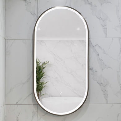 Pill Oval 500mm x 1000mm Frontlit LED Framed Mirror with Demister, Brushed Gunmetal Frame