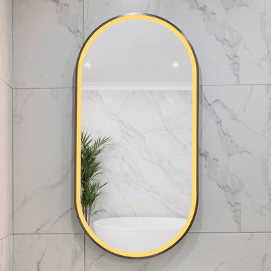 Pill Oval 500mm x 1000mm Frontlit LED Framed Mirror with Demister, Brushed Gunmetal Frame