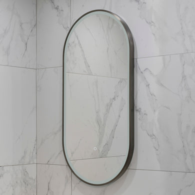 Pill Oval 500mm x 1000mm Frontlit LED Framed Mirror with Demister, Brushed Gunmetal Frame