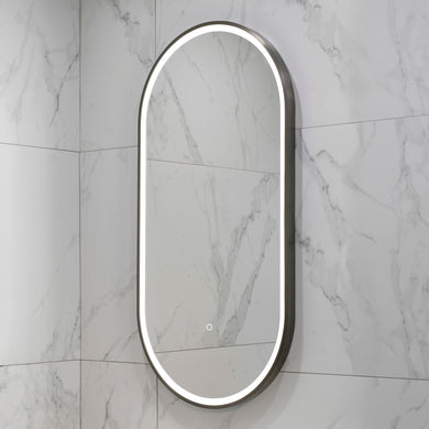 Pill Oval 500mm x 1000mm Frontlit LED Framed Mirror with Demister, Brushed Gunmetal Frame