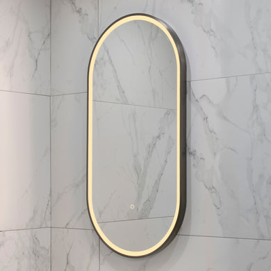 Pill Oval 500mm x 1000mm Frontlit LED Framed Mirror with Demister, Brushed Gunmetal Frame