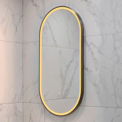Pill Oval 500mm x 1000mm Frontlit LED Framed Mirror with Demister, Brushed Gunmetal Frame