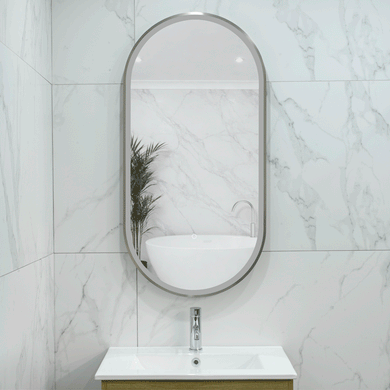 Pill Oval 500mm x 1000mm Frontlit LED Framed Mirror with Demister, Brushed Nickel Frame