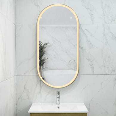 Pill Oval 500mm x 1000mm Frontlit LED Framed Mirror with Demister, Brushed Nickel Frame