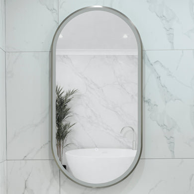 Pill Oval 500mm x 1000mm Frontlit LED Framed Mirror with Demister, Brushed Nickel Frame