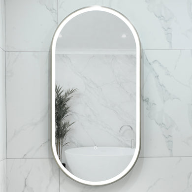 Pill Oval 500mm x 1000mm Frontlit LED Framed Mirror with Demister, Brushed Nickel Frame