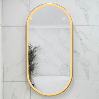 Pill Oval 500mm x 1000mm Frontlit LED Framed Mirror with Demister, Brushed Nickel Frame