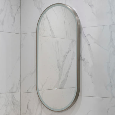 Pill Oval 500mm x 1000mm Frontlit LED Framed Mirror with Demister, Brushed Nickel Frame
