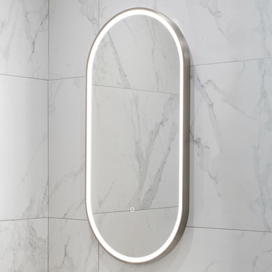 Pill Oval 500mm x 1000mm Frontlit LED Framed Mirror with Demister, Brushed Nickel Frame