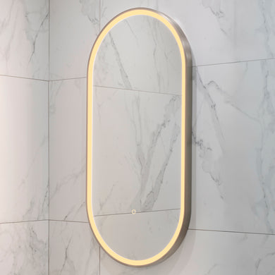 Pill Oval 500mm x 1000mm Frontlit LED Framed Mirror with Demister, Brushed Nickel Frame