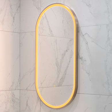 Pill Oval 500mm x 1000mm Frontlit LED Framed Mirror with Demister, Brushed Nickel Frame