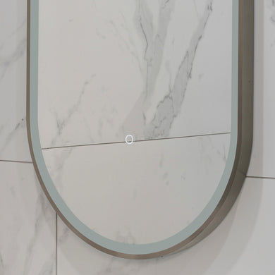 Pill Oval 500mm x 1000mm Frontlit LED Framed Mirror with Demister, Brushed Nickel Frame