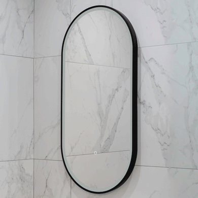 Pill Oval 500mm x 1000mm Frontlit LED Framed Mirror with Demister, Matte Black Frame
