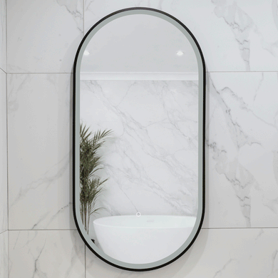 Pill Oval 500mm x 1000mm Frontlit LED Framed Mirror with Demister, Matte Black Frame
