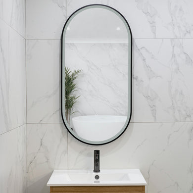 Pill Oval 500mm x 1000mm Frontlit LED Framed Mirror with Demister, Matte Black Frame