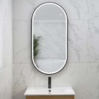 Pill Oval 500mm x 1000mm Frontlit LED Framed Mirror with Demister, Matte Black Frame